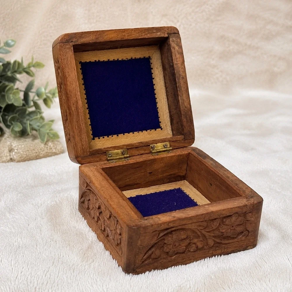 Hand Carved Floral Wood Trinket Jewelry Box Boho Whimsygoth India Brass Inlay
